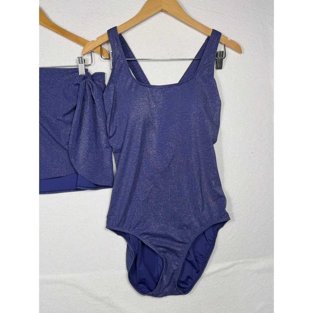 Lands End Swimsuit Skirt Set Womens 14 Blue Metallic Shimmer 2pc One Piece Skirt